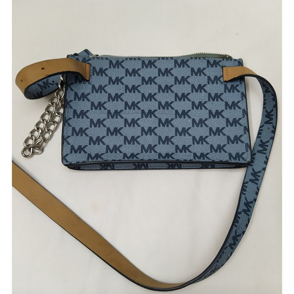 Michael Kors Blue Denim MK Logo Silver Chain Pull Women's Waist Pack Bell Bag - Picture 8 of 16